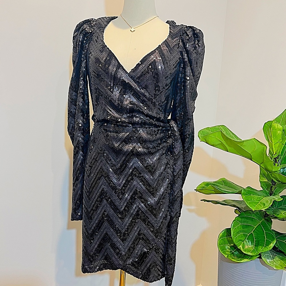 Reformation Ireland Mini Black Chevron Two-tone Sequin Wrap Dress (S)